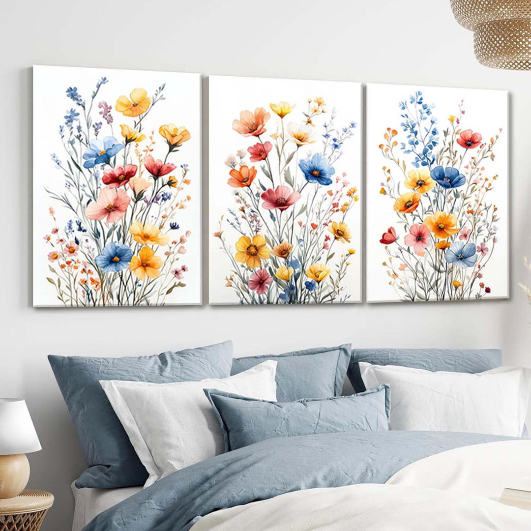 Colorful Wildflower Framed Canvas Wall Art Set Of 3 Flowers Pictures Prints Flowers Printing Floral Watercolors Flower Wall Decor Living Room Bedroom