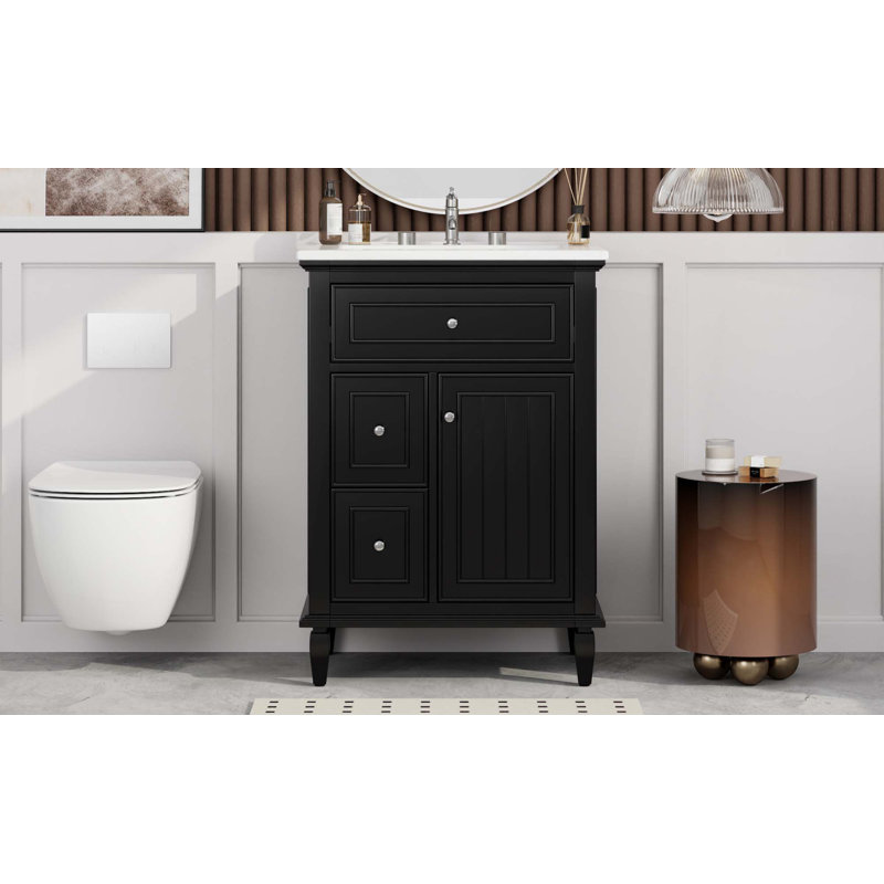 Meuble-lavabo 24 po avec lavabo, meuble-lavabo avec un tiroir rabattable et deux tiroirs, tablette réglable, bois massif et panneau de fibres à densité moyenne