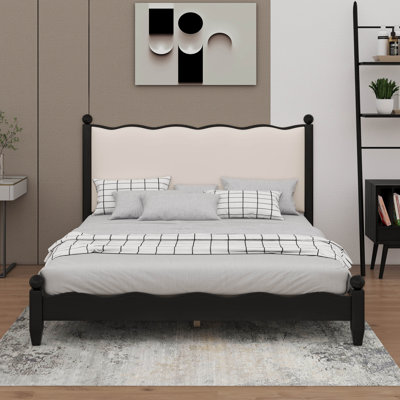 Wood Platform Bed With Linen Upholstered Headboard, Wooden Slats Support