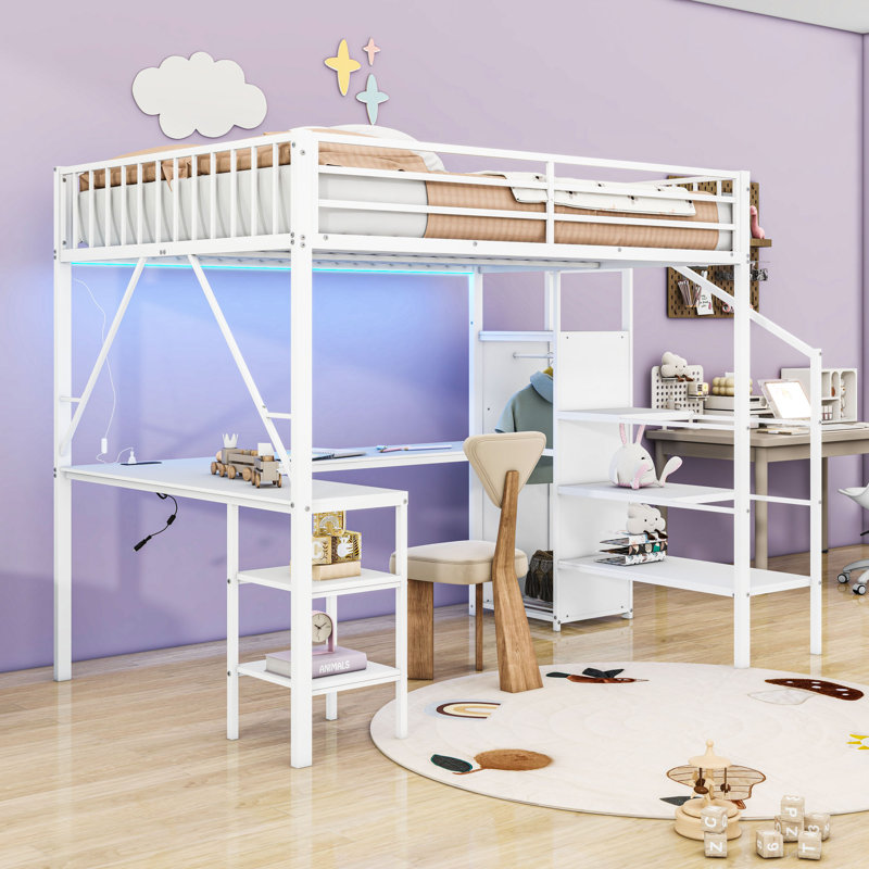 Full Loft Bed with Desk, Wardrobe, USB Charging Station, and LED Lighting