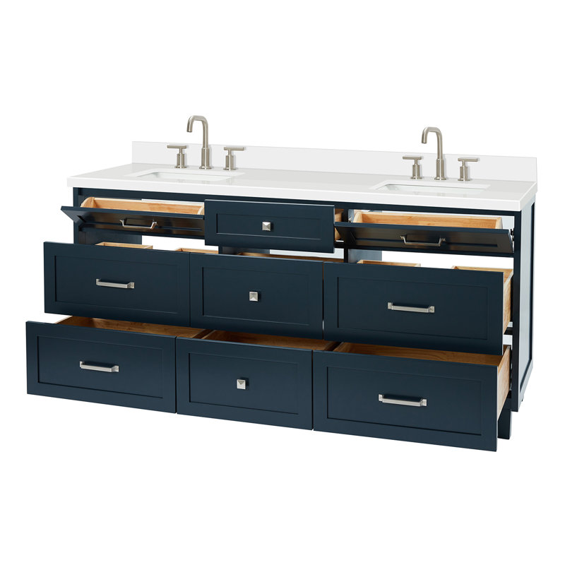 ARIEL Monroe 73 Double Sink Bathroom Vanity with Pure Quartz Top, Midnight Blue