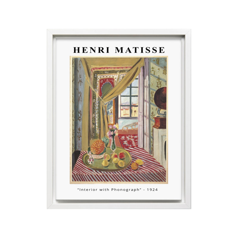 Henri Matisse - Intérieur avec Phonographe, Canevas, H 12 po x l 16 po, Encadrement blanc