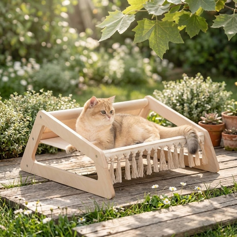Lit hamac pour chat avec housse lavable amovible, canapé pour animaux de compagnie, chaise longue surélevée pour chat, mobilier pour chat en bois, grand