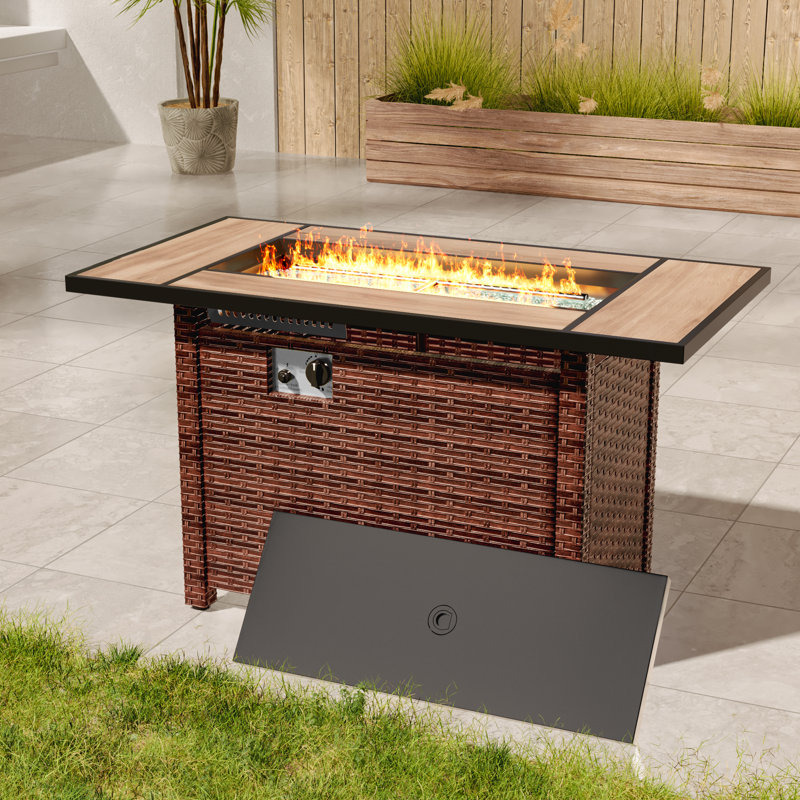 Table de foyer d'extérieur rectangulaire 45 po avec rotin PE, Brun