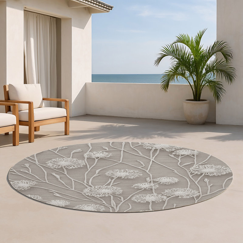 Botanical Gray Indoor and Outdoor Area Rug, Round 5'
