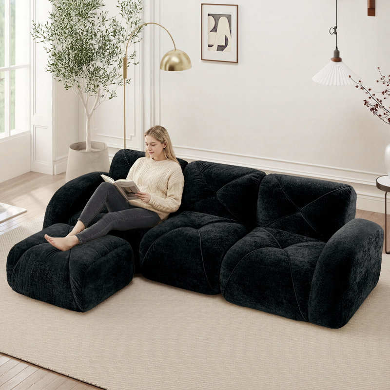 Boneless 110" L-Shaped Modular Compression Sectional Sofa with Ottoman for Living Room, Black Velvet