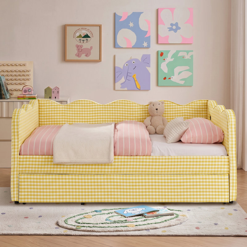 Daybed With Trundle, Sofa Bed, No Box Spring Needed, USB Port, Adorable Wave Shaped, Linen Fabric, Twin, Yellow