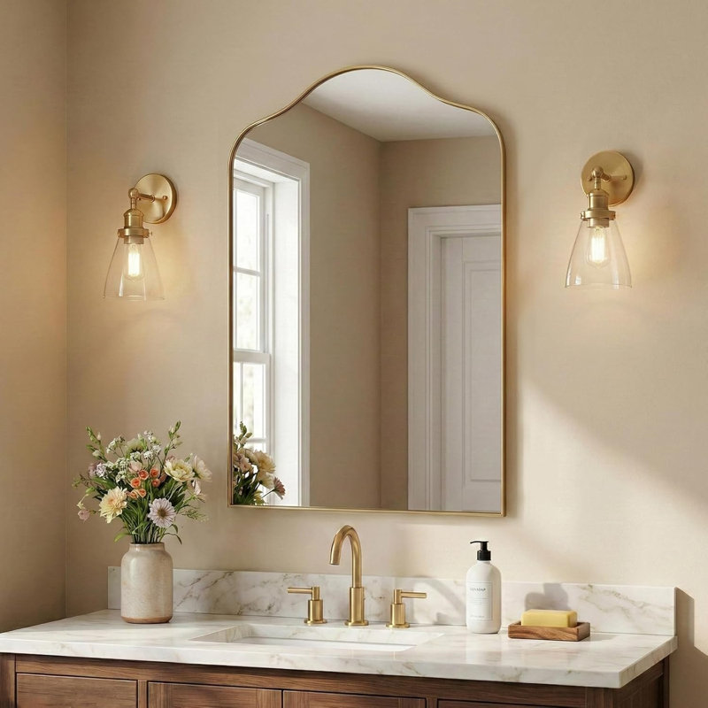 Aremi Contemporary Scalloped Arch Top Bathroom Vanity Mirror | Stainless Steel Frame, Brushed Gold, 36" x 24"