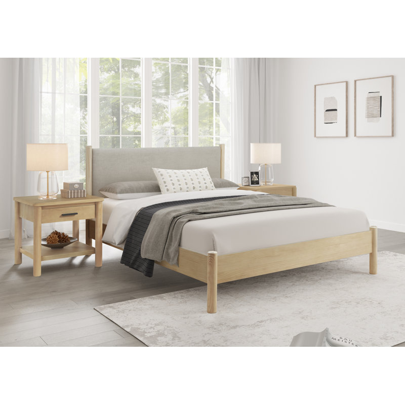 Shinji Queen Platform Bed Frame with Upholstered Headboard, Beige