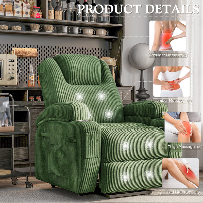 Fauteuil inclinable électrique avec massage Power Lift, Velours côtelé vert