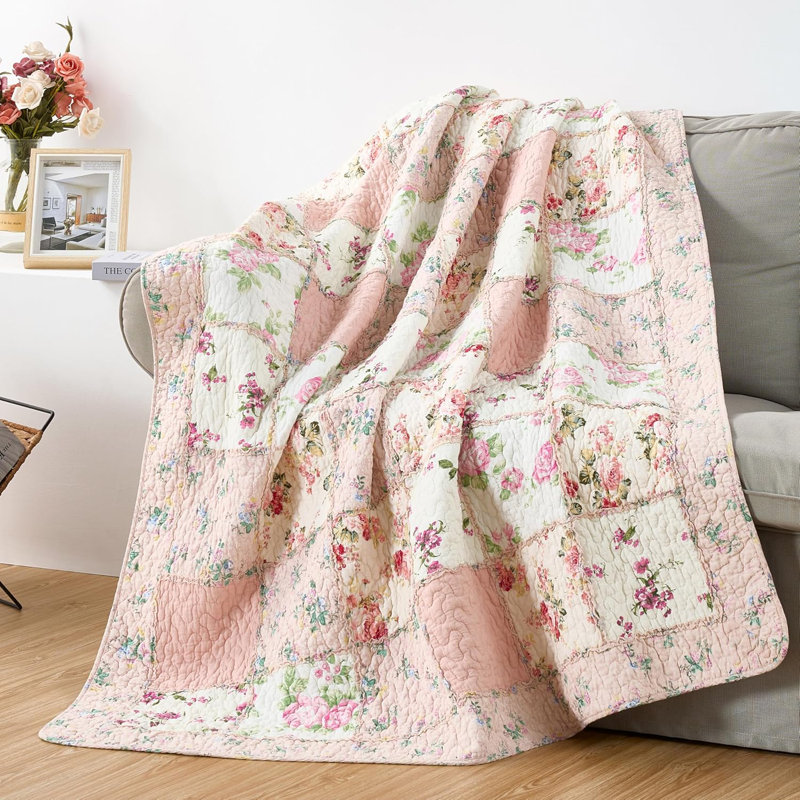 Multicolor Reversible Cotton Patchwork Quilt Set, Throw Quilt, Pink