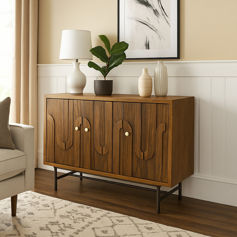 Console de rangement, 3 portes, en bois brun sculpté en U de 47 po