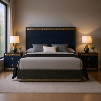 Ensemble de chambre pour grand lit, gris cendré, bleu indigo, bois chromé, ensemble de 3 pièces avec 2 tables de chevet