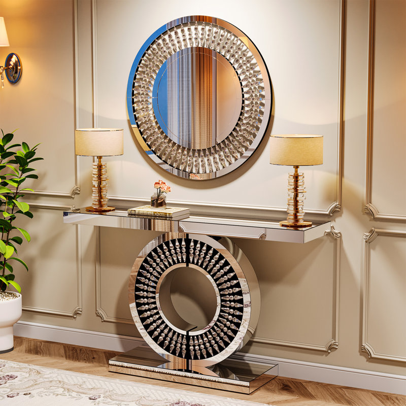 43-Inch Mirrored Console Table With Round Jeweled Decorative Wall Mirror Set Of 2