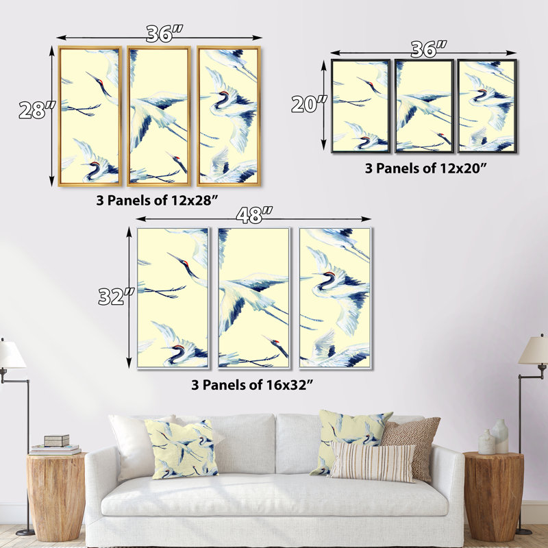 Asian Crane Birds Flying I - 3 pièces, reproduction sur toile, H 28 po x l 36 po x P 1 po, Cadre blanc