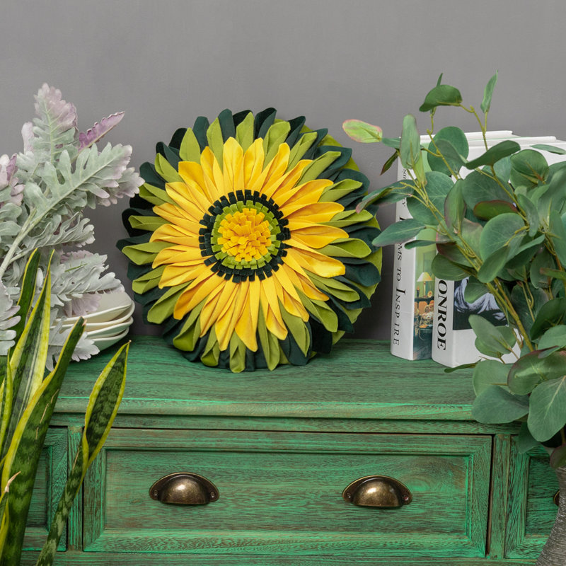  Housse et insert de coussin décoratif en tournesol Appliqued, Carré 14 po, Ombre vert - velours