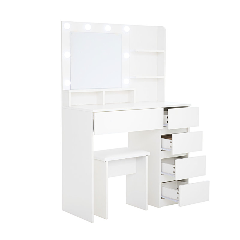Coiffeuse de maquillage blanche avec miroir et 3 modes de luminosité réglables, tiroirs très profonds, beaucoup d'espace de rangement pour l'éclairage de bureau, 4 volume abondant, moderne