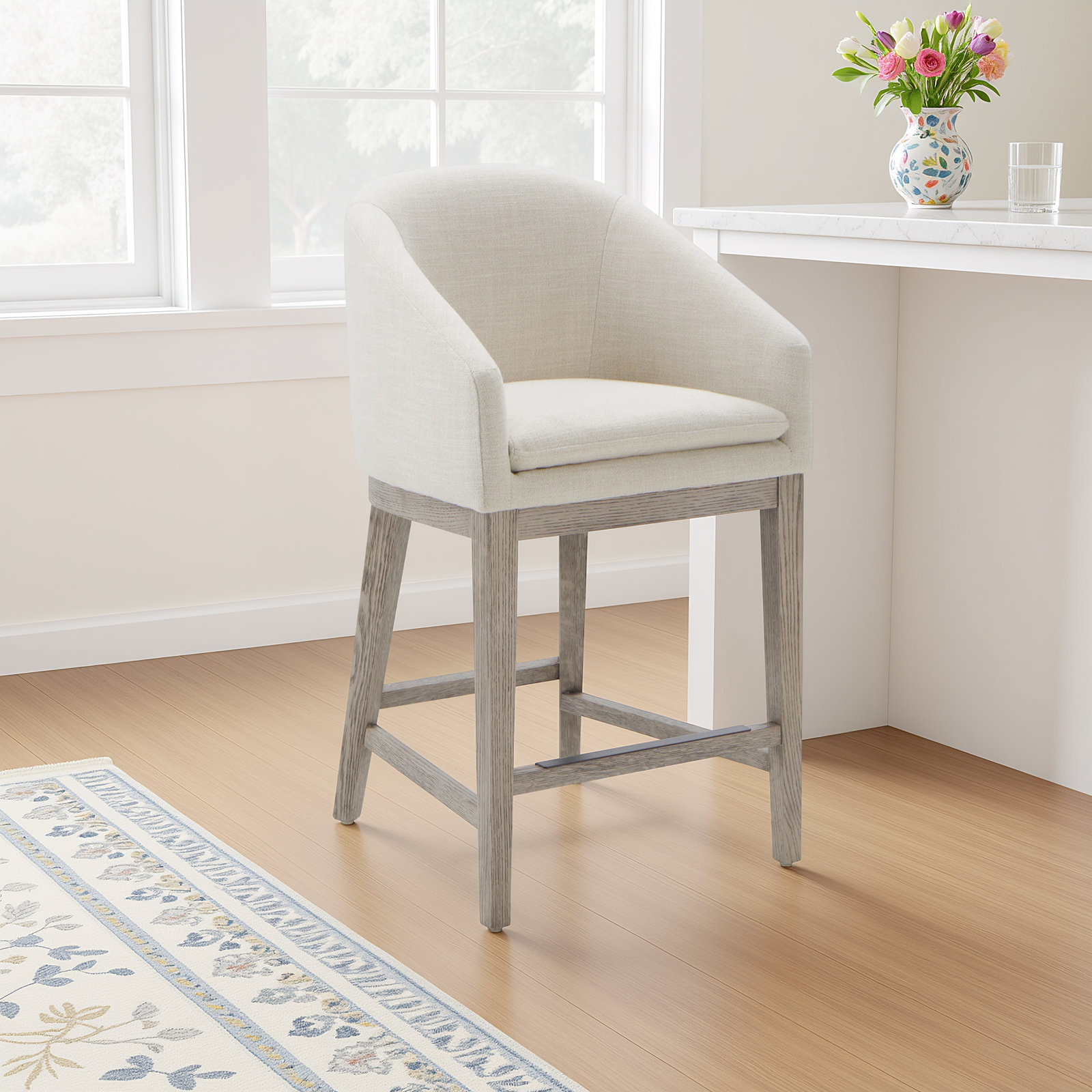 Bethea Counter Stool With Arms, Effie Linen Performance Linen
