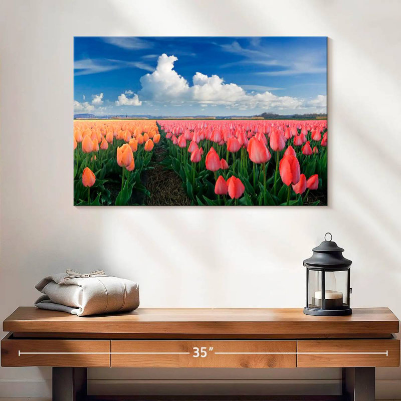 Harnek orange et tulipes roses, H 16 po x l 24 po