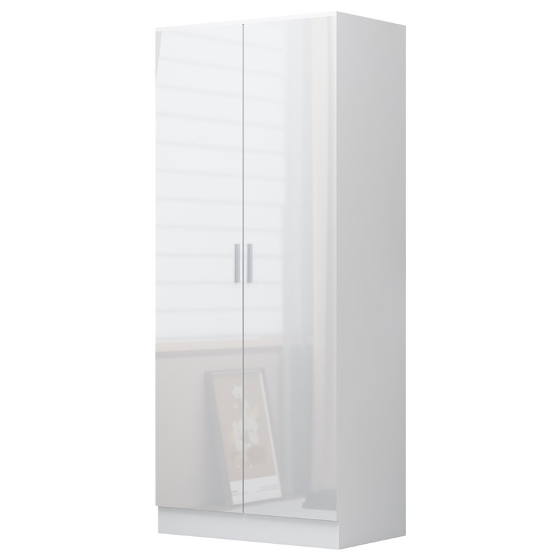 Eva High Gloss 2 Door Plain Wardrobe - H: 180cm x D: 47cm x W: 76cm, Matte White/Gloss White
