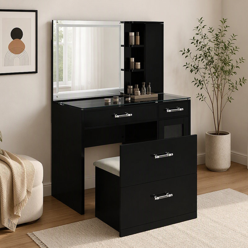 Coiffeuse 2 tiroirs avec miroir et tabouret