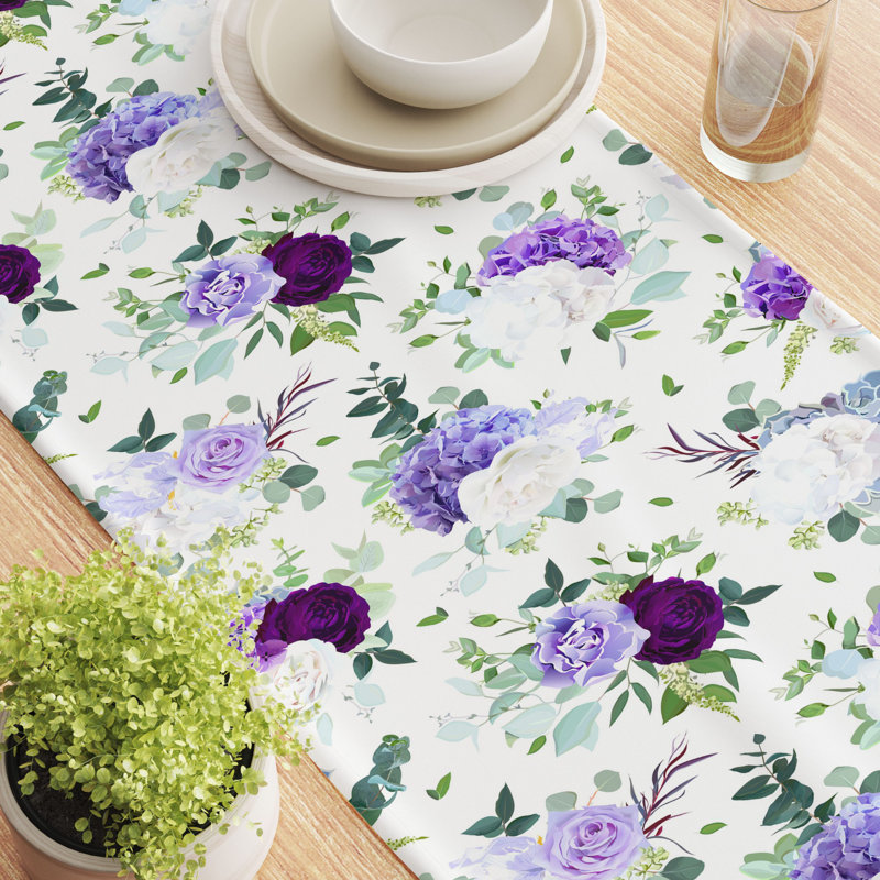 Table Runner, 100% Cotton, 16X108", Purple & White Hydrangeas, 108" L x 16" W