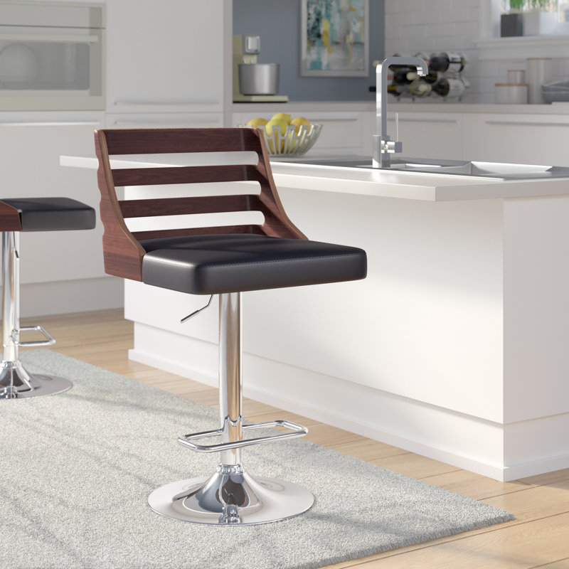Winchelsea Swivel Adjustable Height Faux Leather Bar Stool with Metal Pedestal Base and Footrest, Black Faux Leather