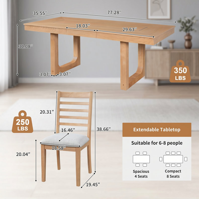 Ensemble de table de salle à manger à rallonge 5 pièces Natural Farmhouse, Natural, 1 x Dining Table, 4 x Dining Chairs