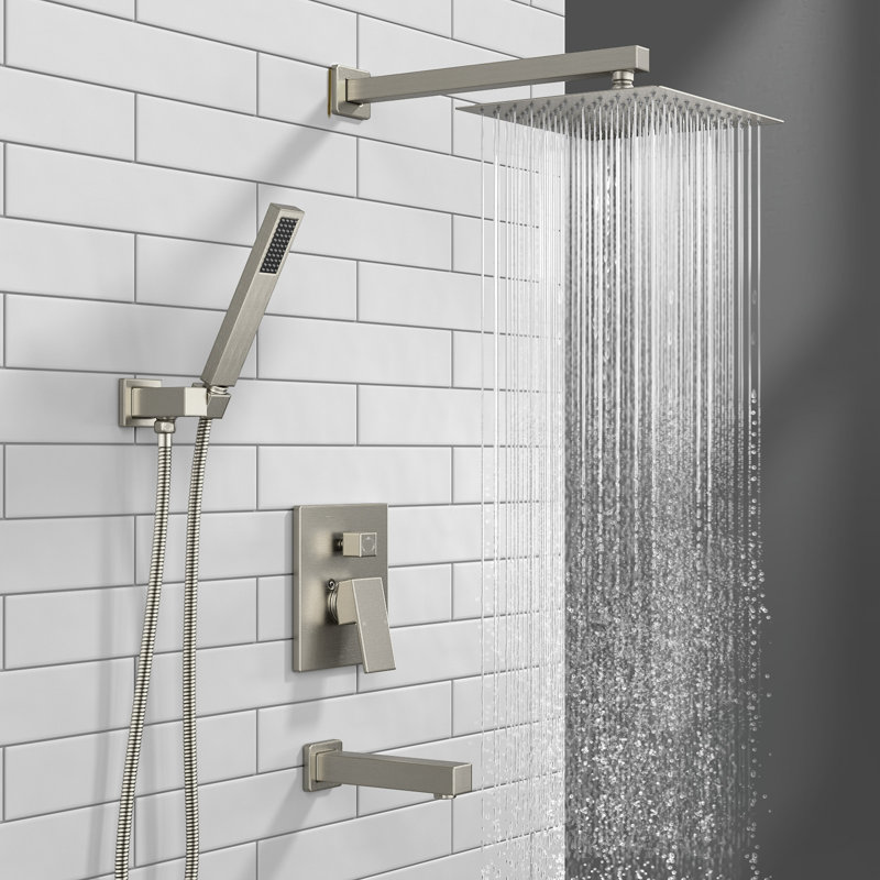 Pressure-balanced Shower System Rainfall Tub And Shower Faucet With Rough-in Valve, Brushed Nickel