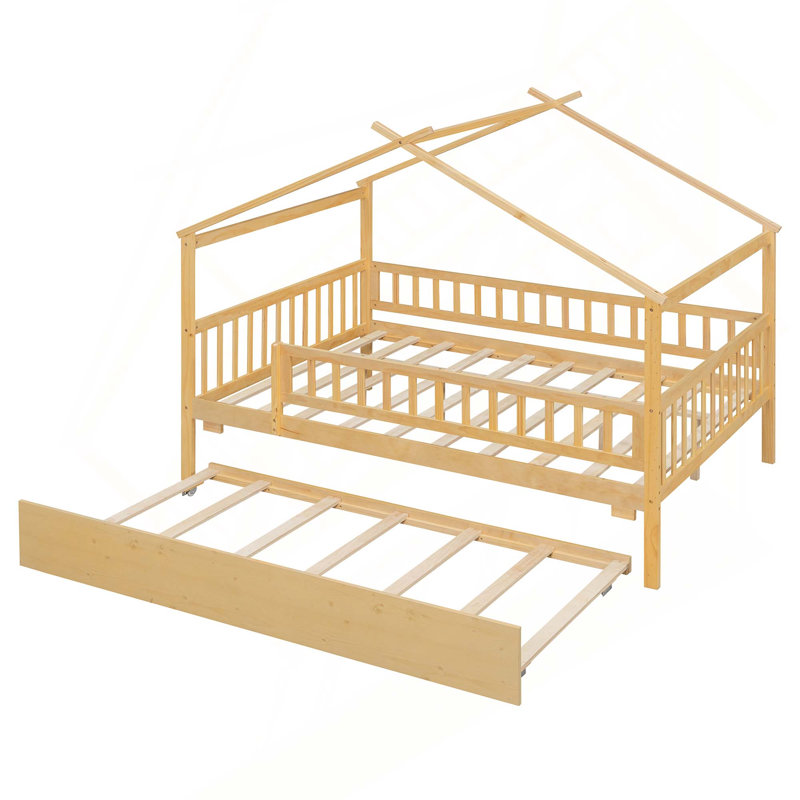 Lit en bois avec lit gigogne simple, Naturel, Lit double