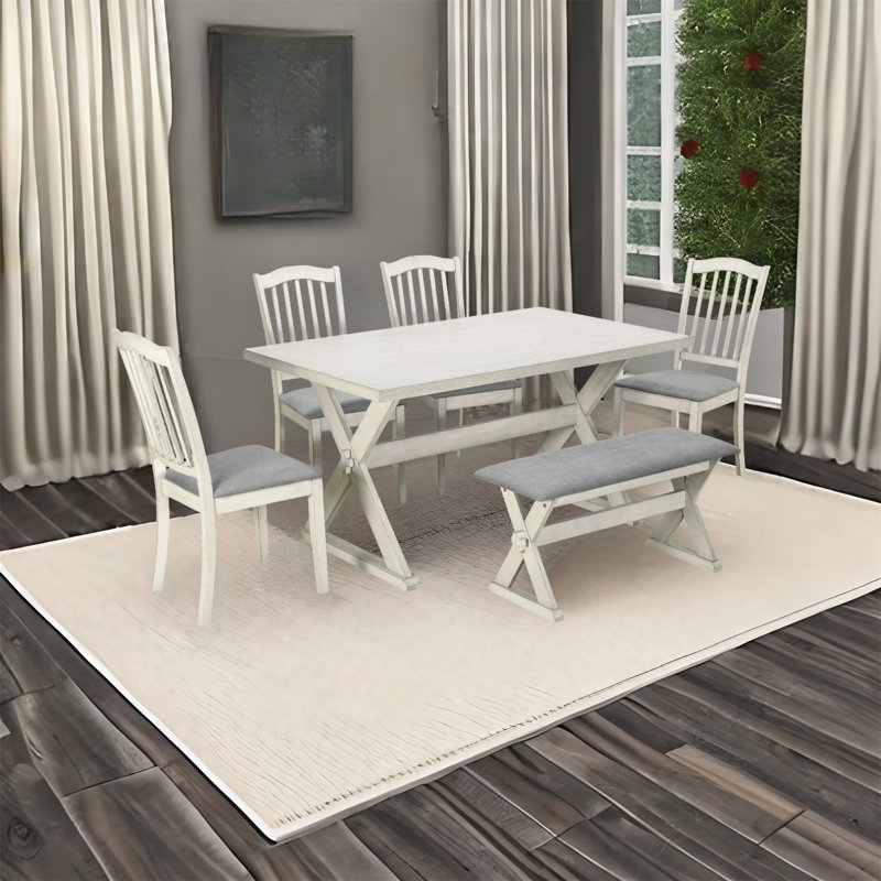 5 - Person Trestle Dining Set, White Washed, White Washed, White Washed