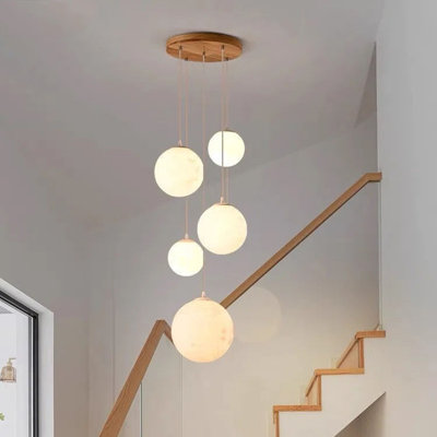 5-light Modern Nordic Moon Globe Chandelier – Adjustable Height Led Hanging Pendant For 4-meter Floor Height, Staircases, Dining Rooms, And High Ceilings