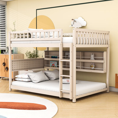Full Over Full Wooden Bunk Bed with Built-In Shelf and Guardrails