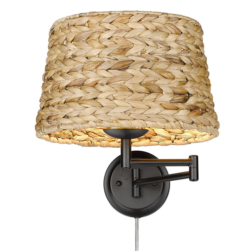 Arguelles Steel Swing Arm Sconce, Matte Black, Woven Sweet Grass