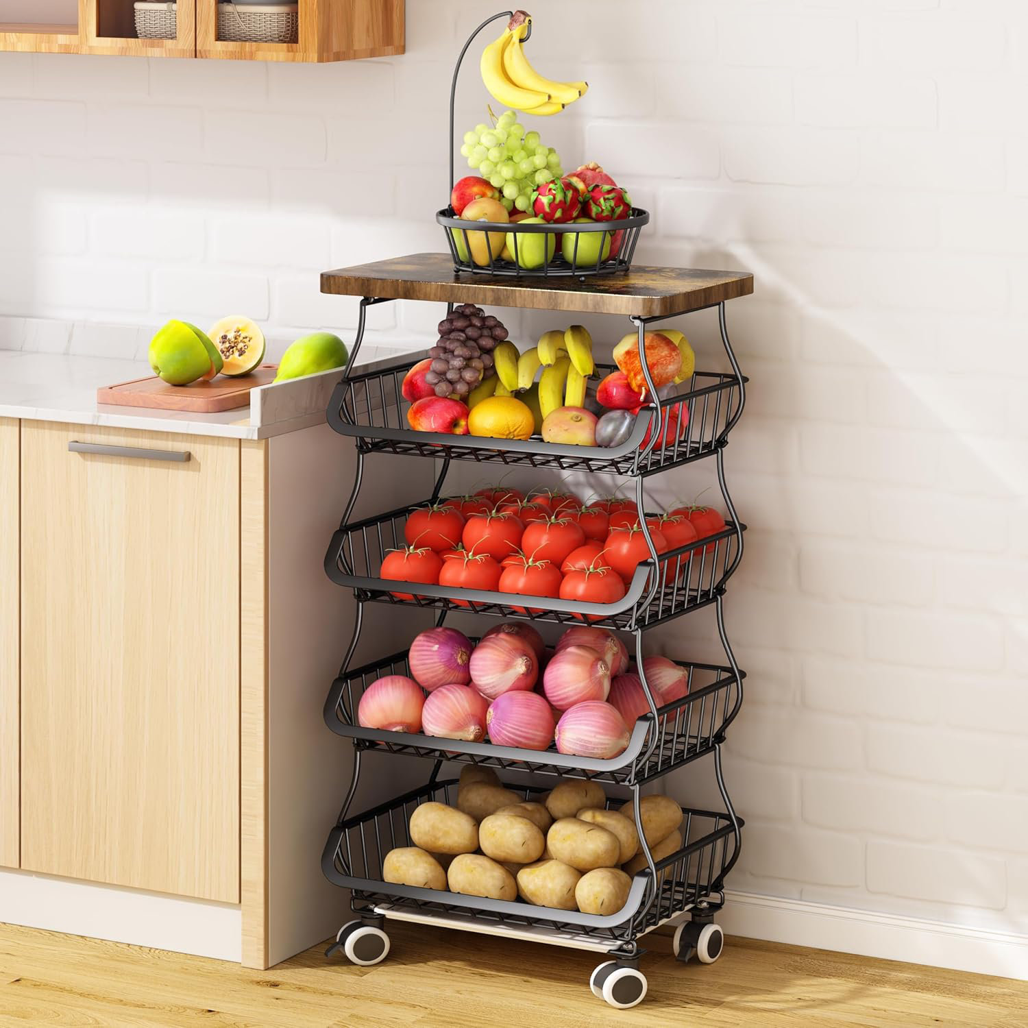 SHANXIQIANNA Fruit Basket Kitchen Pantry Organizers and Storage - Wooden  Top Table, Stackable Metal Wire Basket Stand Cart for Fruit Vegetable  Snacks Jars Bins Containers Organization, Black | Wayfair, image size:1500x1500