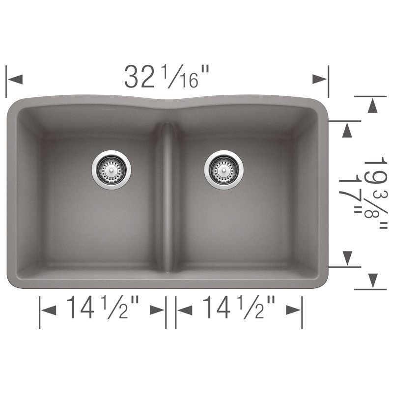 Diamond SILGRANIT 32" L X 19.25'' W Double Bowl Undermount Kitchen Sink with Low Divide, Metallic Gray