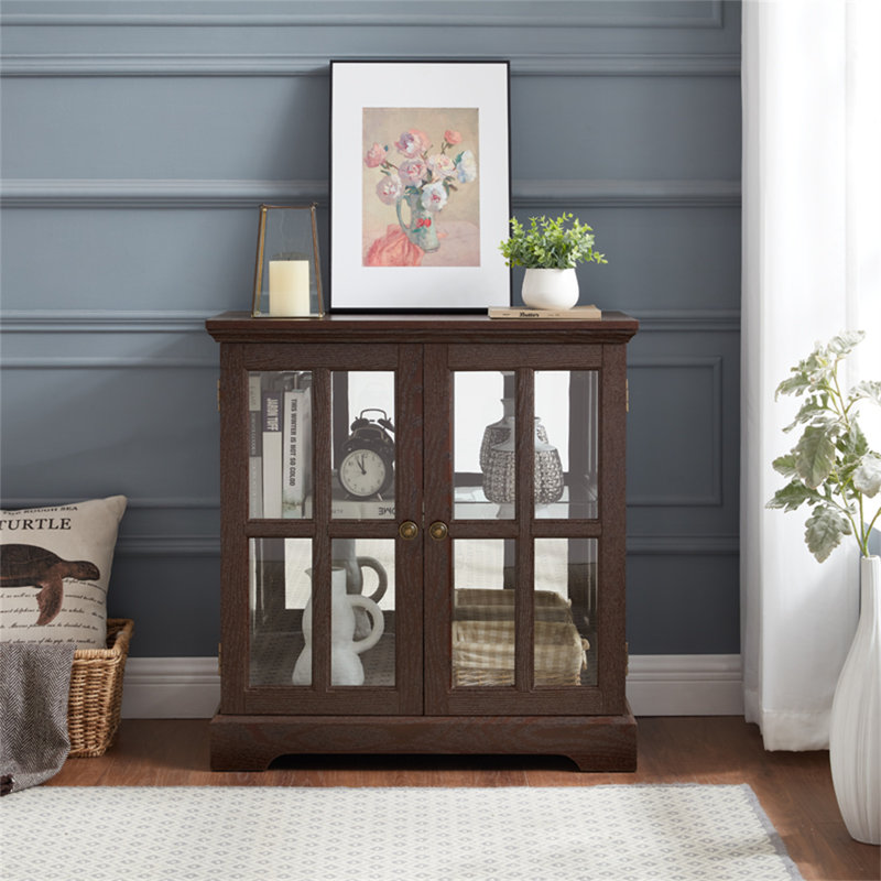 Retro Antique LED Curio Display Cabinet With Adjustable Shelves And Lattice Doors, Cherry