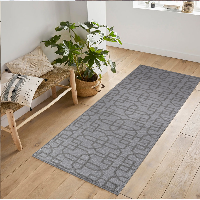 Faiqah Non-Slip Geometric Indoor Doormat, Rectangle  80 x 150cm, Black