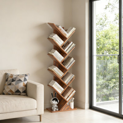 10-Tier Tree-Shaped Bookcase, Freestanding Wooden Bookshelf For Compact Spaces, Storage Organizer Shelving For Books/Cds/Magazines, Floor-Standing Book Rack