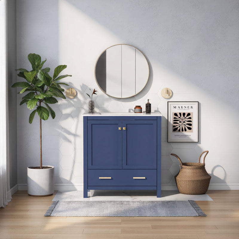 Armoire de salle de bain encastrée grise avec lavabo simple à cadre en bois massif, deux tiroirs et système de fermeture en douceur