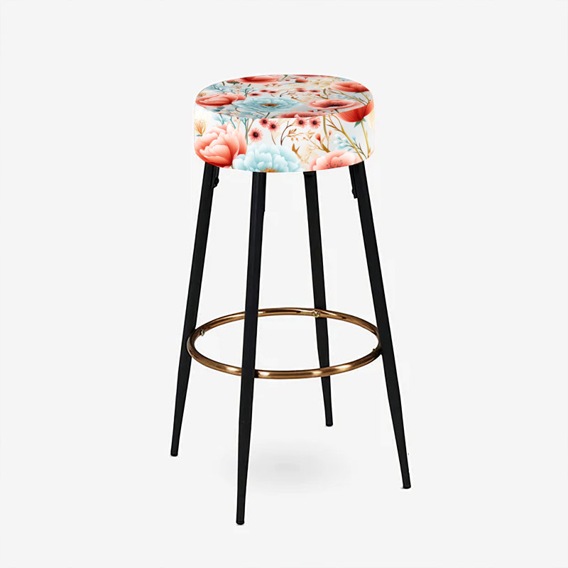 Ensemble de 2 tabourets de bar motif hortensia beige et corail