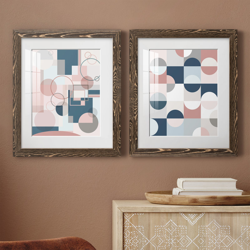Modern Geo - ensemble de 2 peintures, H 20 po x l 34 po x P 1,5 po, Papier, cadre noyer