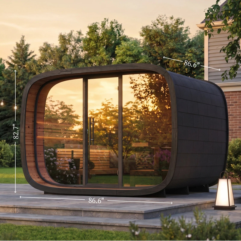 Outdoor Square Barrel Sauna Room for 6-8 Person, 8KW Harvia Heater with WiFi Control, Red Cedar Wood Cabin, 8mm Mirror Glass Door & LED Backrest Lighting, Asphalt Shingles Roof, 220V, Full View