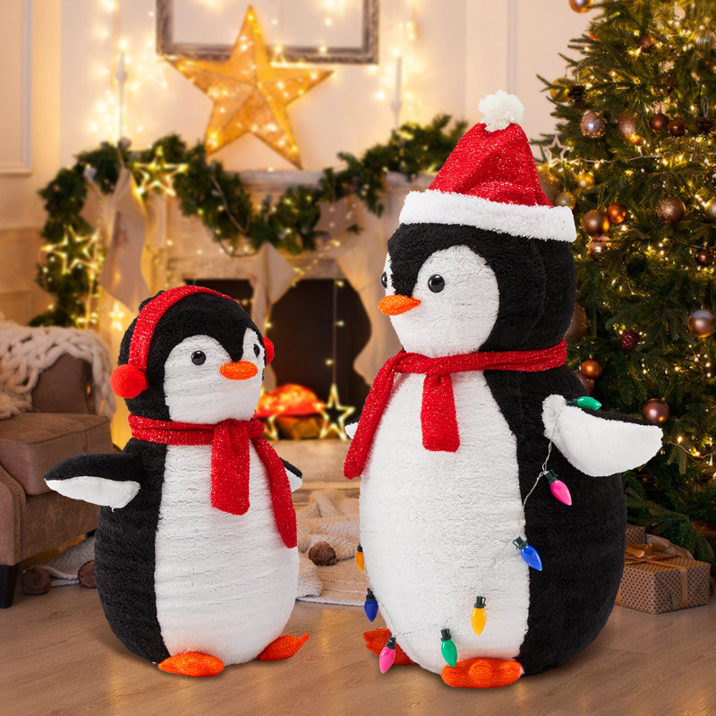 2 pièces décorées de pingouins de Noël illuminées, décor de pingouins de Noël en plein air, Blanc/rouge