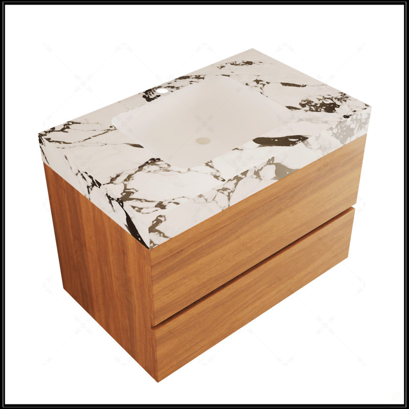 Meuble-lavabo flottant moderne de 29,9 po avec comptoir en faux marbre et lavabo encastré en céramique, fixation murale pour petits espaces
