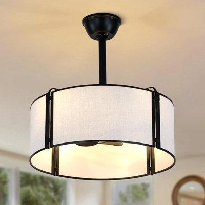 19.3" Modern Caged Ceiling Fan with Light Kit and Remote Control, Black Bladeless 7-Blade Fandelier Ceiling Fan with Fabric Shade
