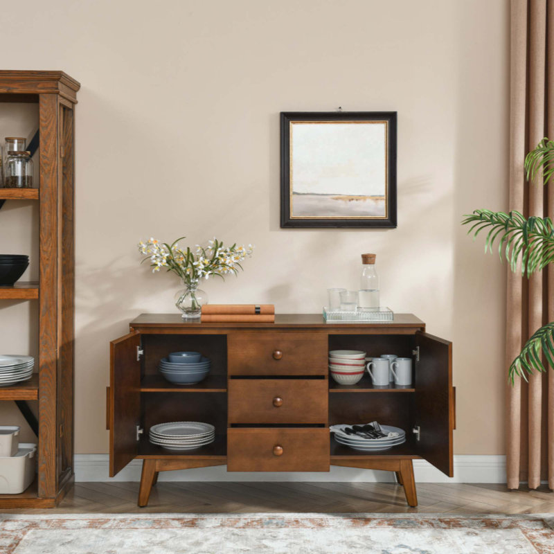 Buffet Mid-Century moderne avec rangement, armoire de rangement avec 2 portes et 3 tiroirs pour la cuisine, le salon, la console