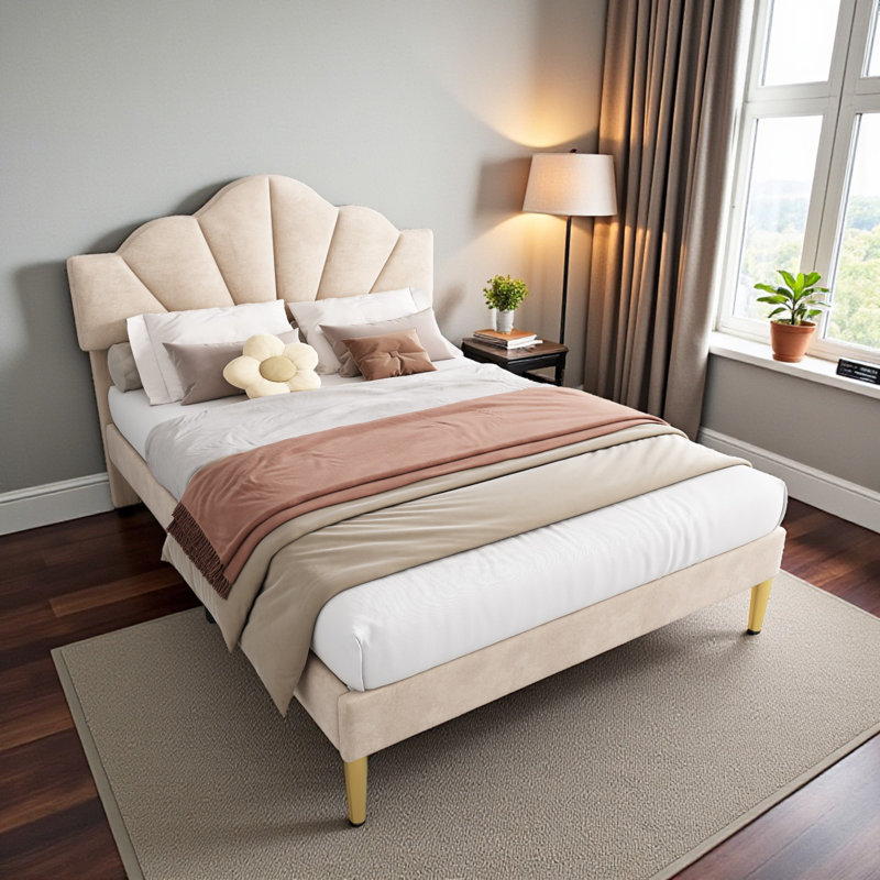 Aarna Velvet Upholstered Bed, Beige, Double (140 x 195 xm)