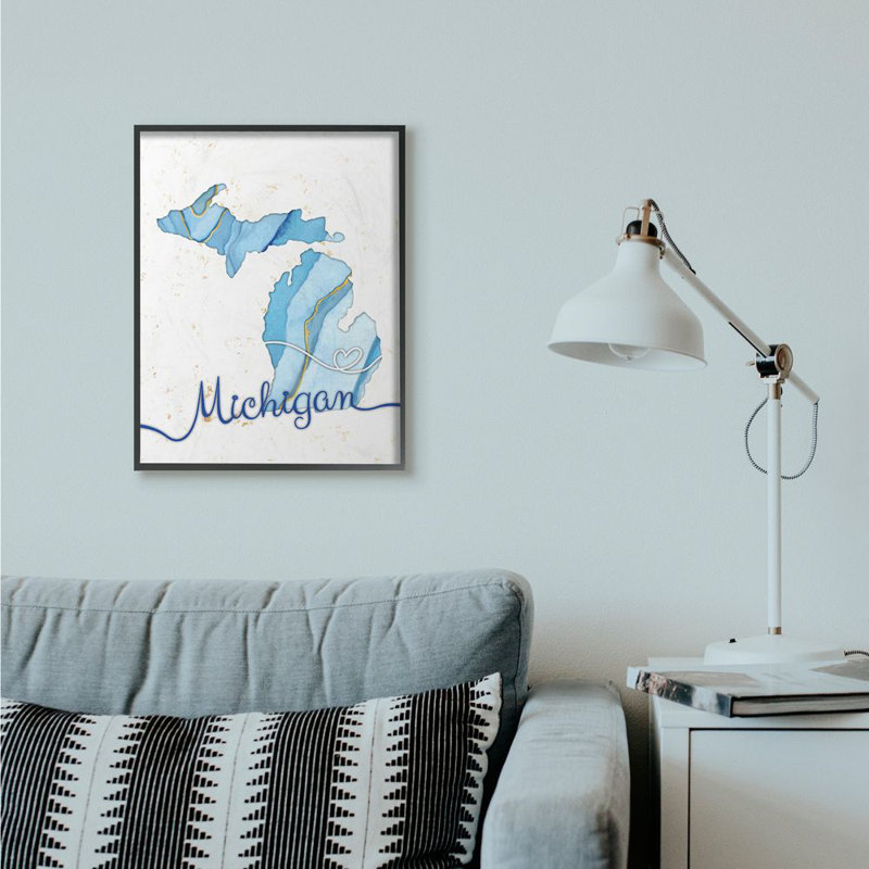 «Michigan Agate Blue US State Design», impression sur toile, H 30 po x l 24 po x P 1,5 po, Giclée encadrée noir minuit