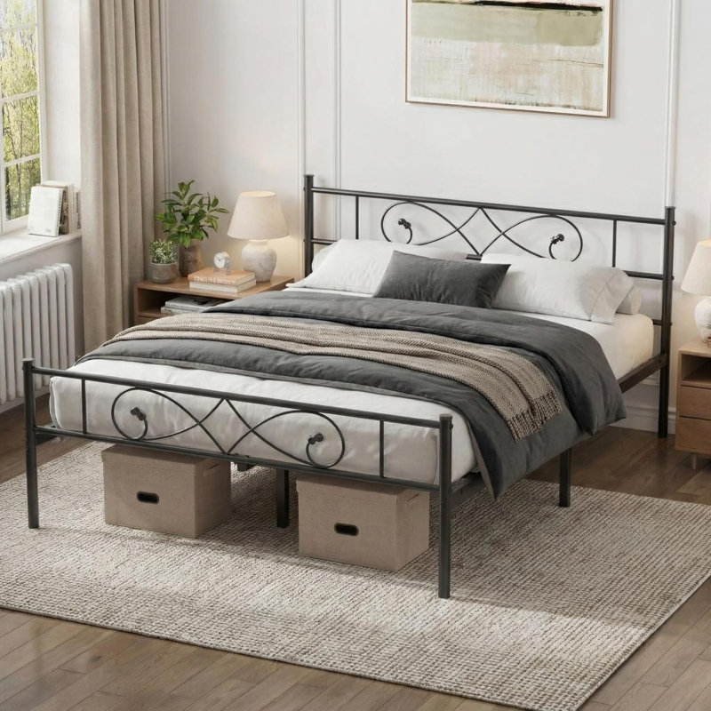 Platform Bed Frame with Unique Fist Design Headboard, Metal Frame, Under Bed Storage, No Box Spring Required, Noise-Free, Easy Assembly, Black